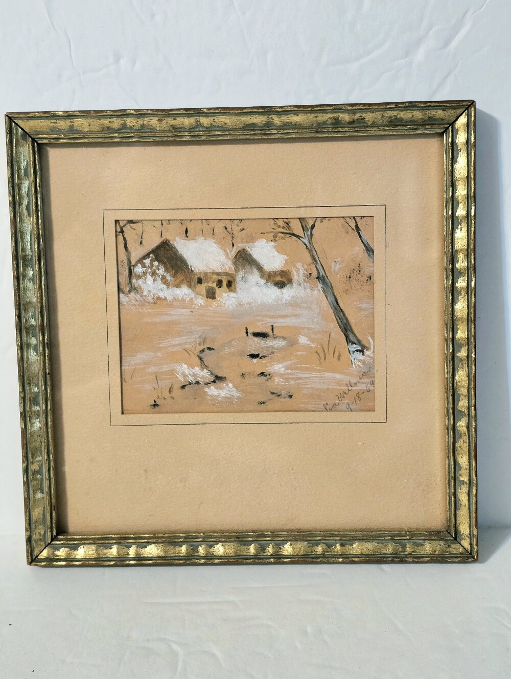 Small Framed Art Signed Circa 1969 Still Life Cottage Snow